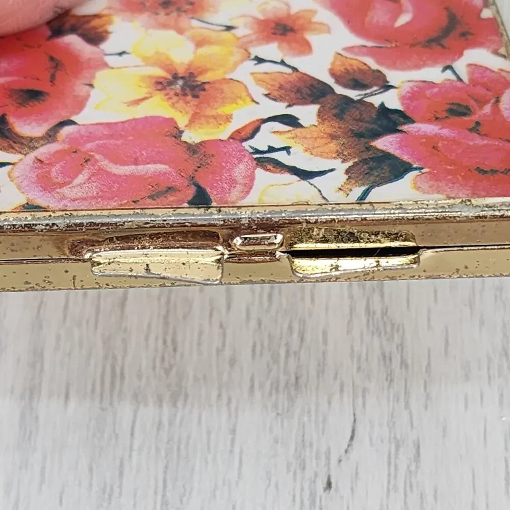 Vtg Compact Purse Mirror Gold Floral Double Sided Magnification Square 2.25